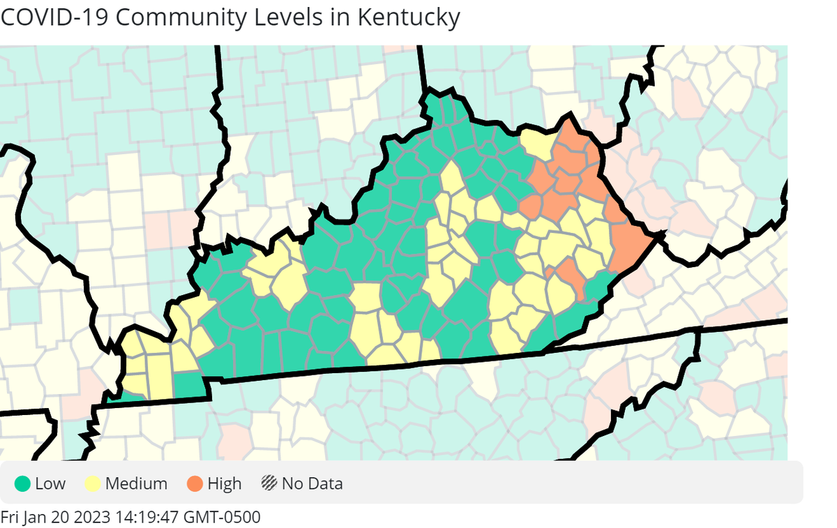 Kentucky's latest COVID-19 community levels, as of Jan. 19, 2023. 