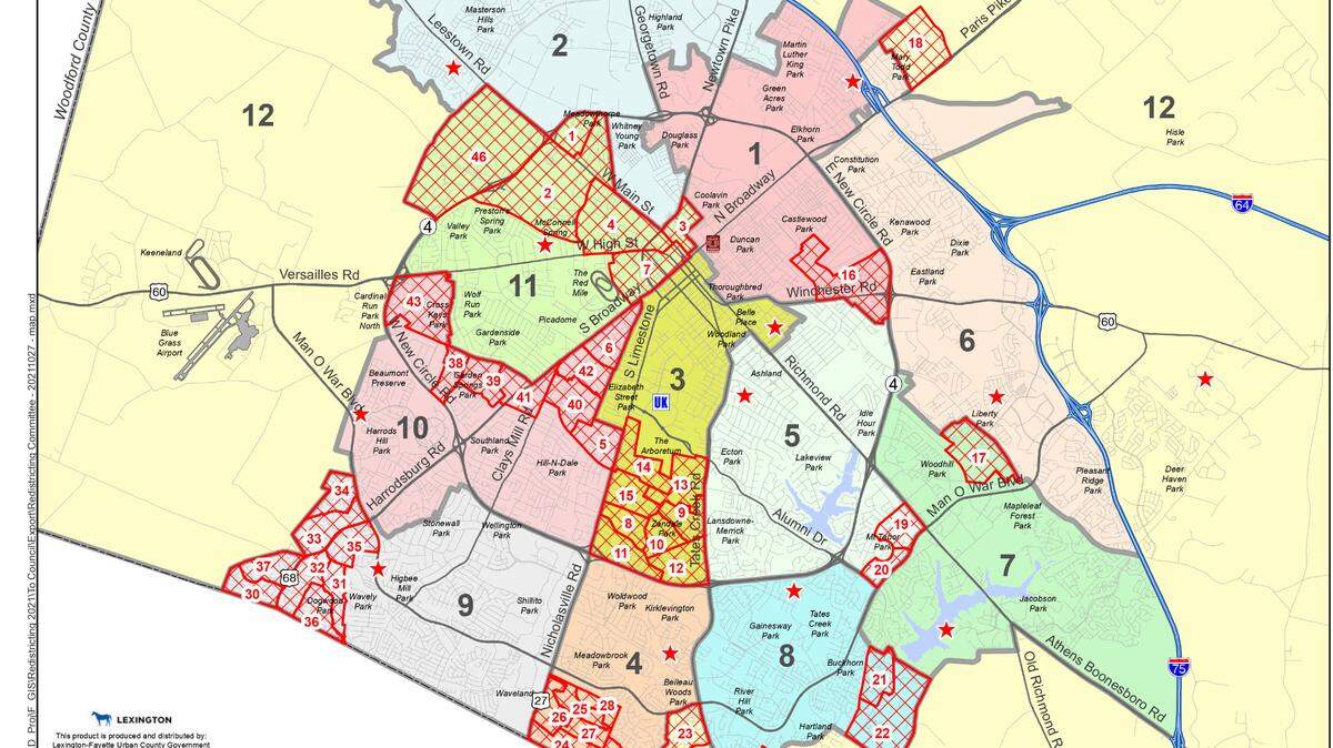 A committee redrawing Lexington’s 12 council district boundaries final recommendation includes 46 precinct changes that will affect nearly 50,000 voters.