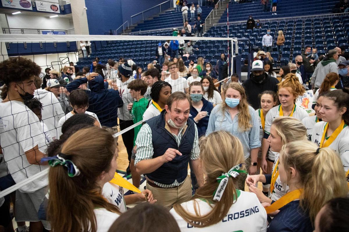 Great Crossing head coach Adam Ivetic talks to his players after Thursday night’s victory. “The fact that we got to do this on our own floor in our own gym in front of … a crowd like that with everybody around. I’m just at a loss for words,” he said.