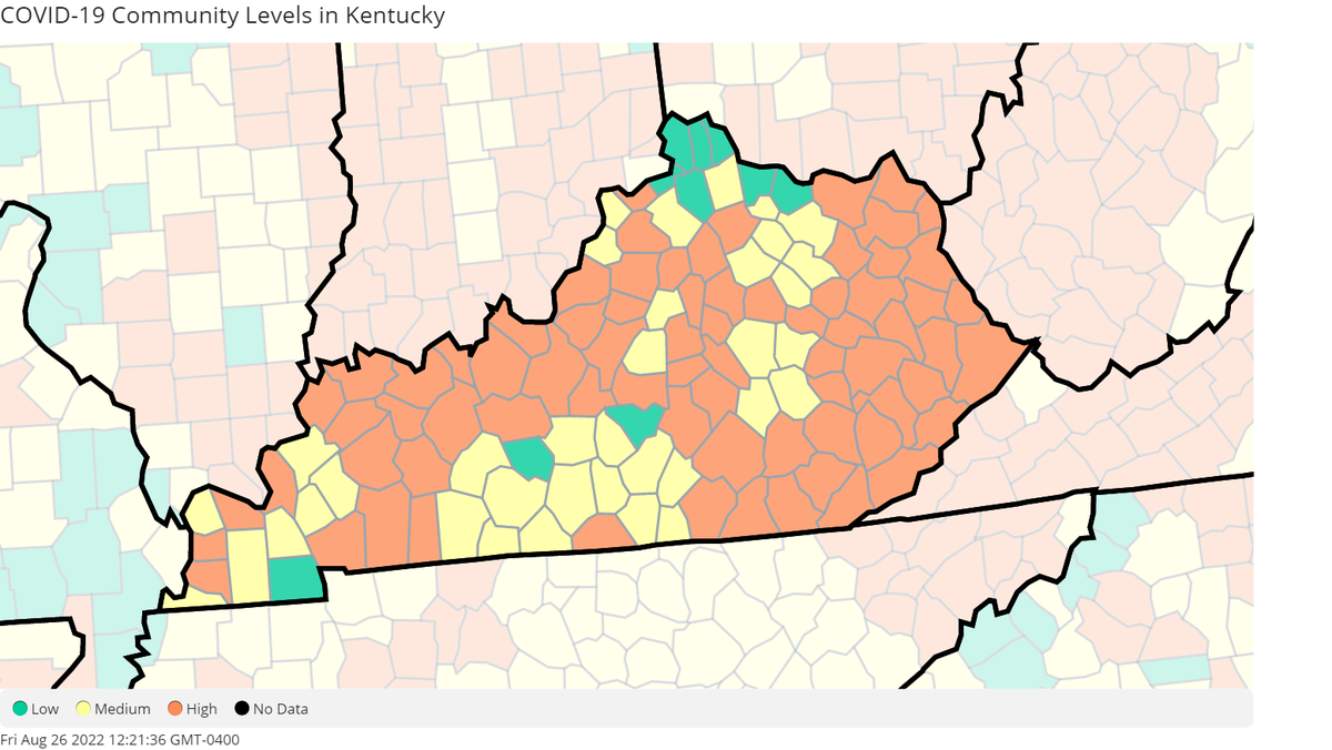 Kentucky's COVID-19 Community Levels as of Thursday, Aug. 25, 2022, per the Centers for Disease Control and Prevention. According to the latest update from the CDC, there were 74 Kentucky counties with high COVID-19 community levels, meaning individuals in those communities should mask-up in public. 