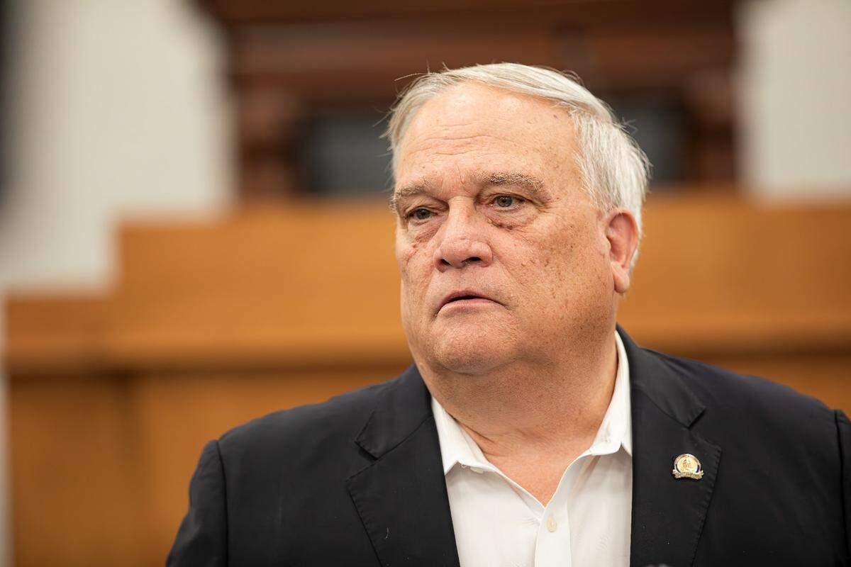 Senate President Robert Stivers, R-Manchester, along with other Senate leaders and constitutional officers, hosts a media availability press conference addressing the bills passed during the 2025 Legislative session in the Senate’s temporary chambers on June 25, 2025, in Frankfort, Ky.