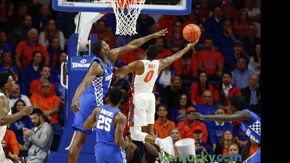 Bam Adebayo contested a shot by Kasey Hill early in Kentucky's game against Florida on Saturday night in Gainesville, Fla.