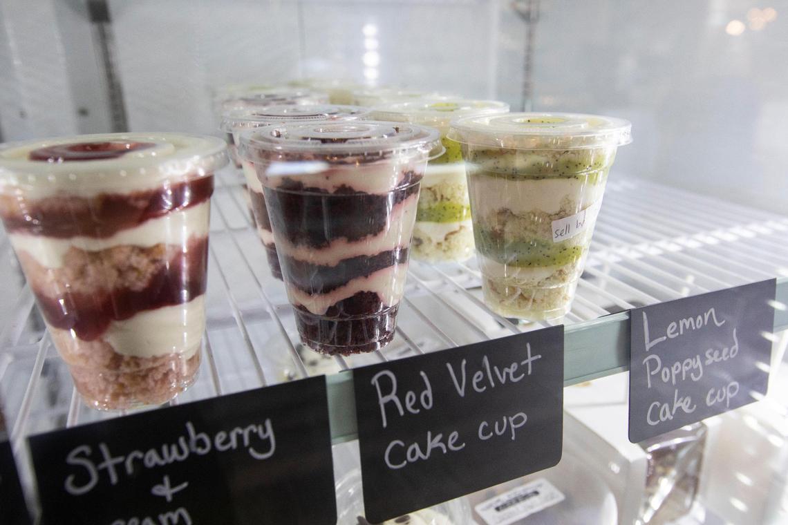 Flavored desert cake cups, similar to parfaits come in flavors of red velvet, lemon poppyseed, butterscotch and strawberry and cream the Side Porch Cafe in Waco Ky., Thursday, February 25, 2021.