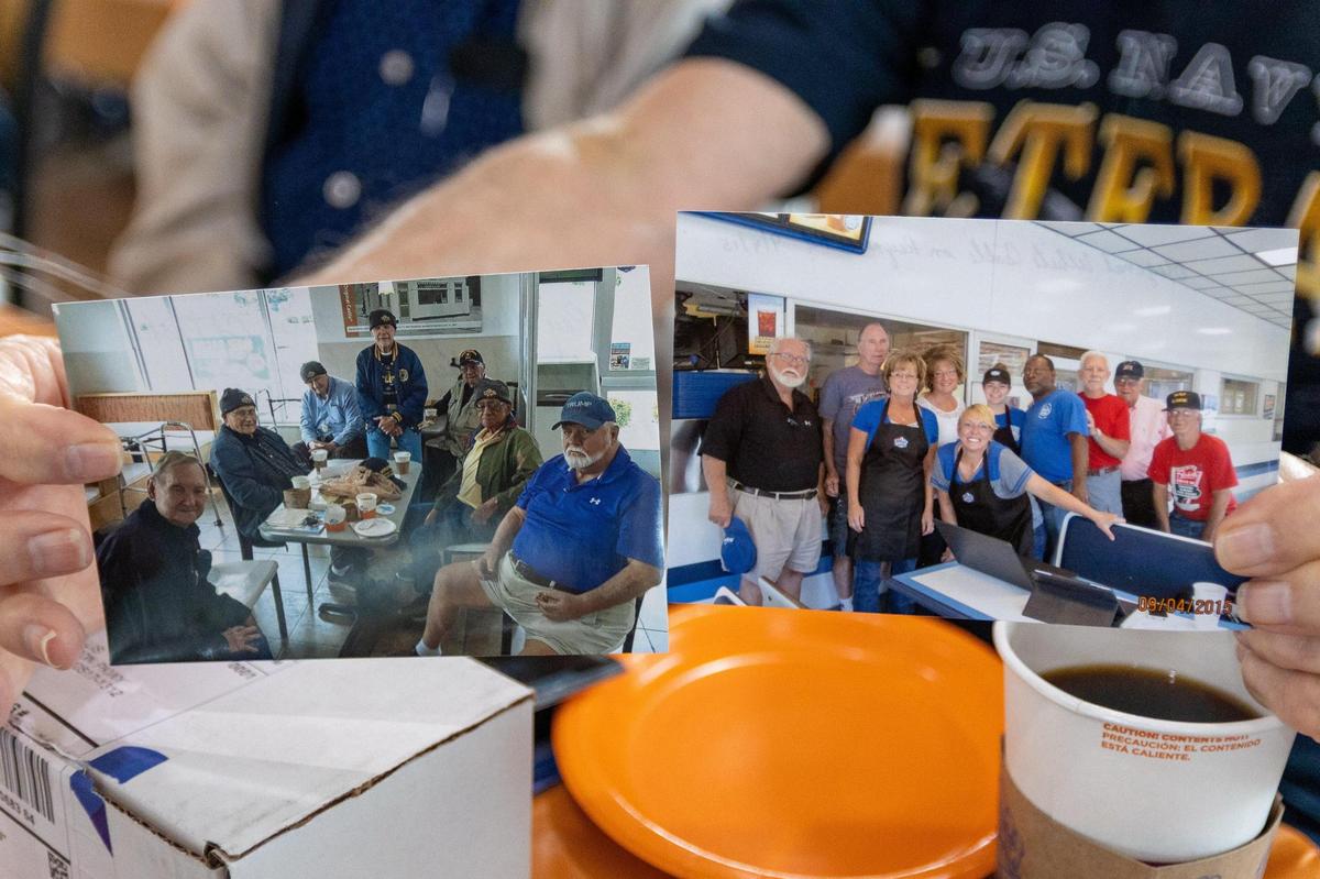 Images of 99 year old World War II veteran John Hughes along with his veteran friends and White Castle staff from previous gatherings the group would have at the restaurant for breakfast. May 31, 2025.