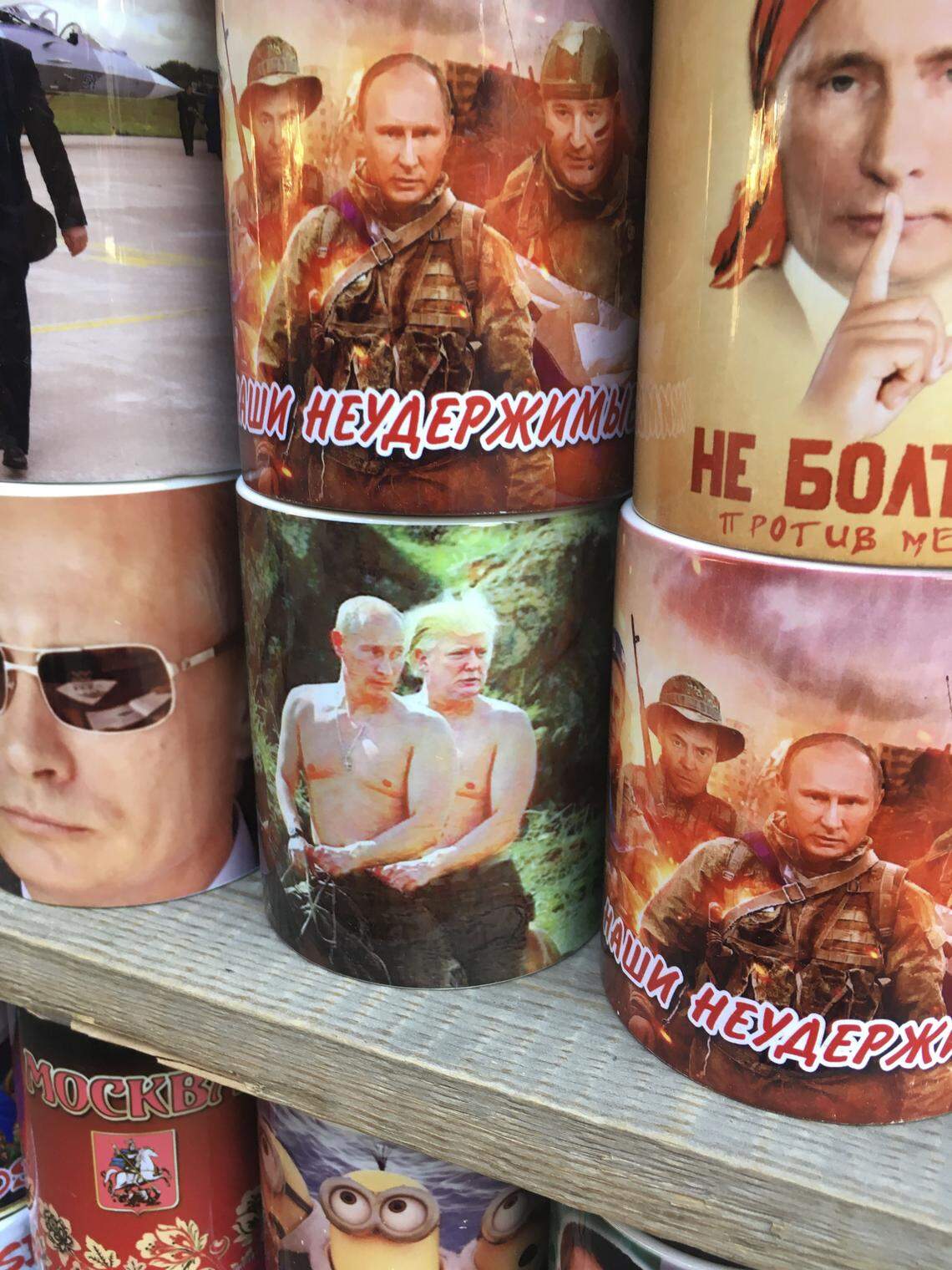 An array of mugs for sale at a large and old flea market in Moscow. It is common to see things like this showing Putin in heroic, tough guy poses, liking riding bareback. There were some that showed President Donald Trump with him, often in a secondary or vaguely humorous role.