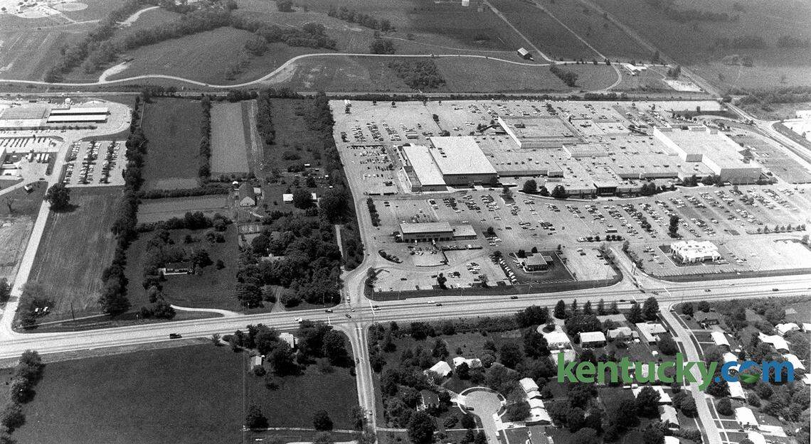 An aerial view of Fayette Mall, May 13, 1985. Nicholasville Road runs from left to right across the bottom. It intersects with Reynolds Road, running top to bottom on the right side of the image (cropped out). Near there is where the longtime Arby’s location is. The left side of the mall at this time was a Sears store, one of the anchors of the shopping center. In May 1993, the mall expanded, adding nearly two dozen merchants in a new south wing, in the area to the left of Sears in the picture. The expansion made it the Kentucky’s largest mall. In 2006, The Plaza at Fayette Mall, a shopping center with a Cinemark Theatres and restaurants, opened in the area on the far left side of the photo. Across the top of the picture is Shillito Park. The park’s pool, which opened in the summer of 1988, is located just to the left of the curve in the road.