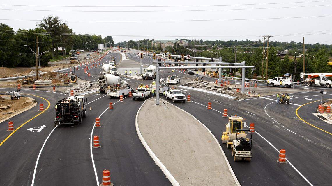Work continued Aug. 13 on Harrodsburg Road's new double diamond crossover interchange at New Circle Road. The diamond opened Aug. 14.