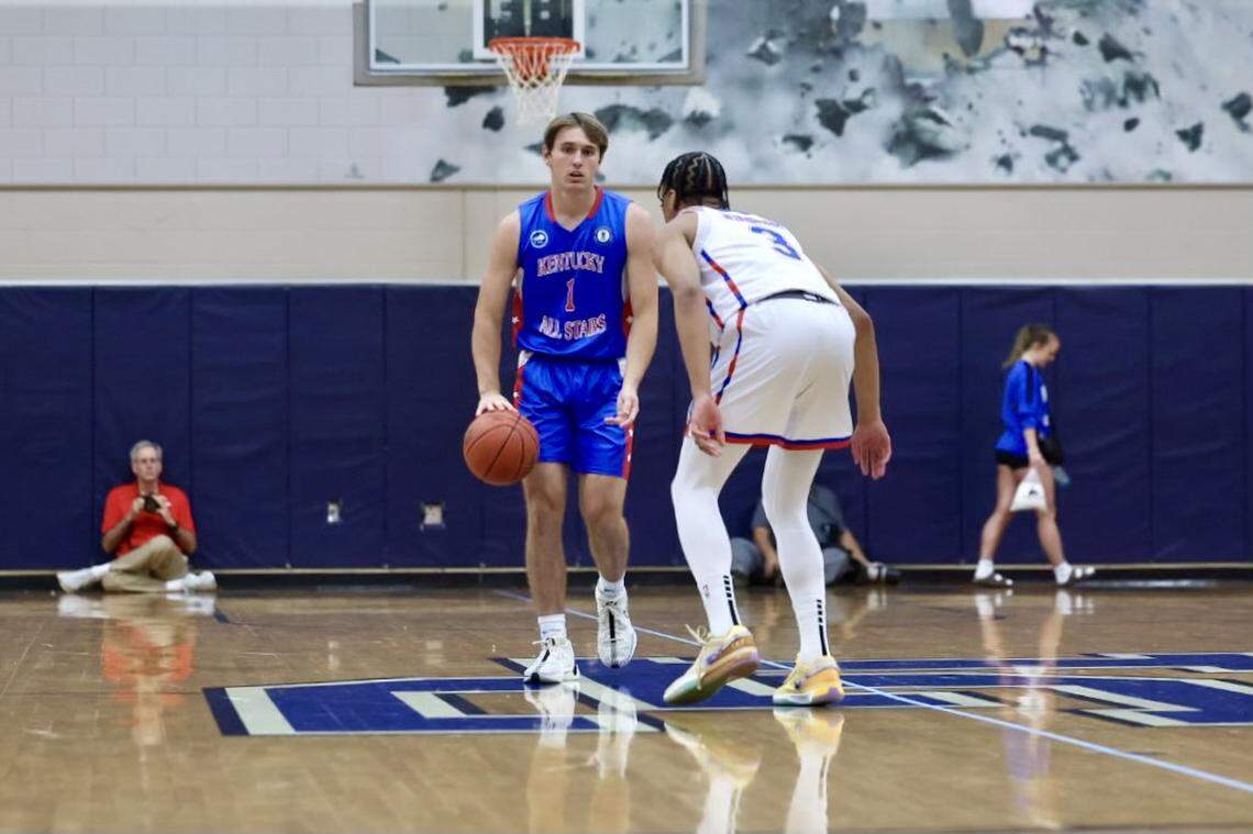 Kentucky Mr. Basketball Travis Perry of Lyon County dribbles the ball up the floor during the Kentucky-Indiana boys all-star game on Friday night at Lexington Catholic. He scored 12 points in Kentucky’s win.