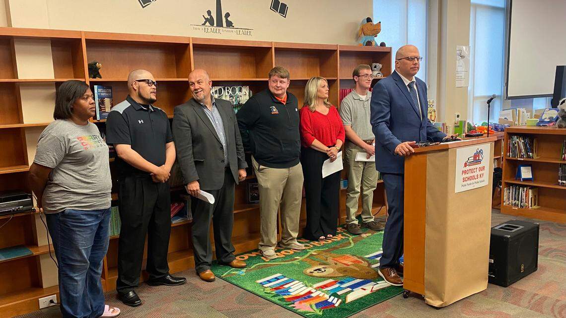 A group of Perry County School District educators and administrators launched the Protect Our Schools campaign on Thursday in Hazard’s East Perry Elementary School opposing the GOP-backed Constitutional Amendment 2 on the November ballot. Superintendent Kent Campbell, at the podium, explained the perils diverting public school funds to private or Christian schools. “The stakes are high,” Campbell said. “We aren’t going to let this happen.”