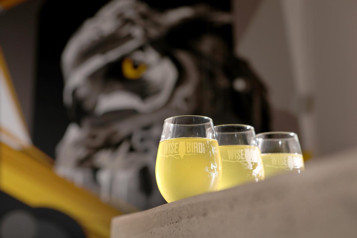 Hidden Creek cider under the owl mural Friday at Wise Bird Cider Co., which opens June 7 in the Pepper Distillery District. The mural was done by the Louisville artists’ group Often Seen Rarely Spoken.