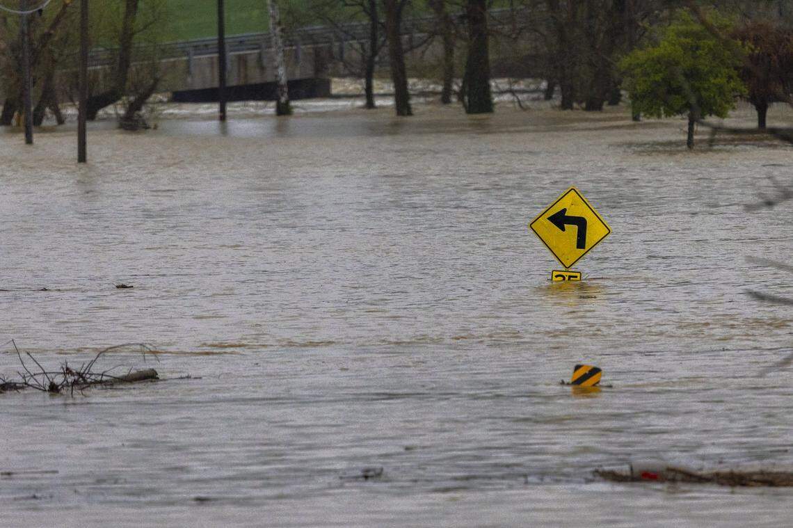 High water floods Middleburg Road in Casey County, Ky., on Friday, April 4, 2025.