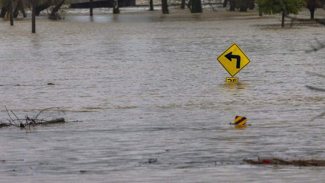 High water floods Middleburg Road in Casey County, Ky., on Friday, April 4, 2025.