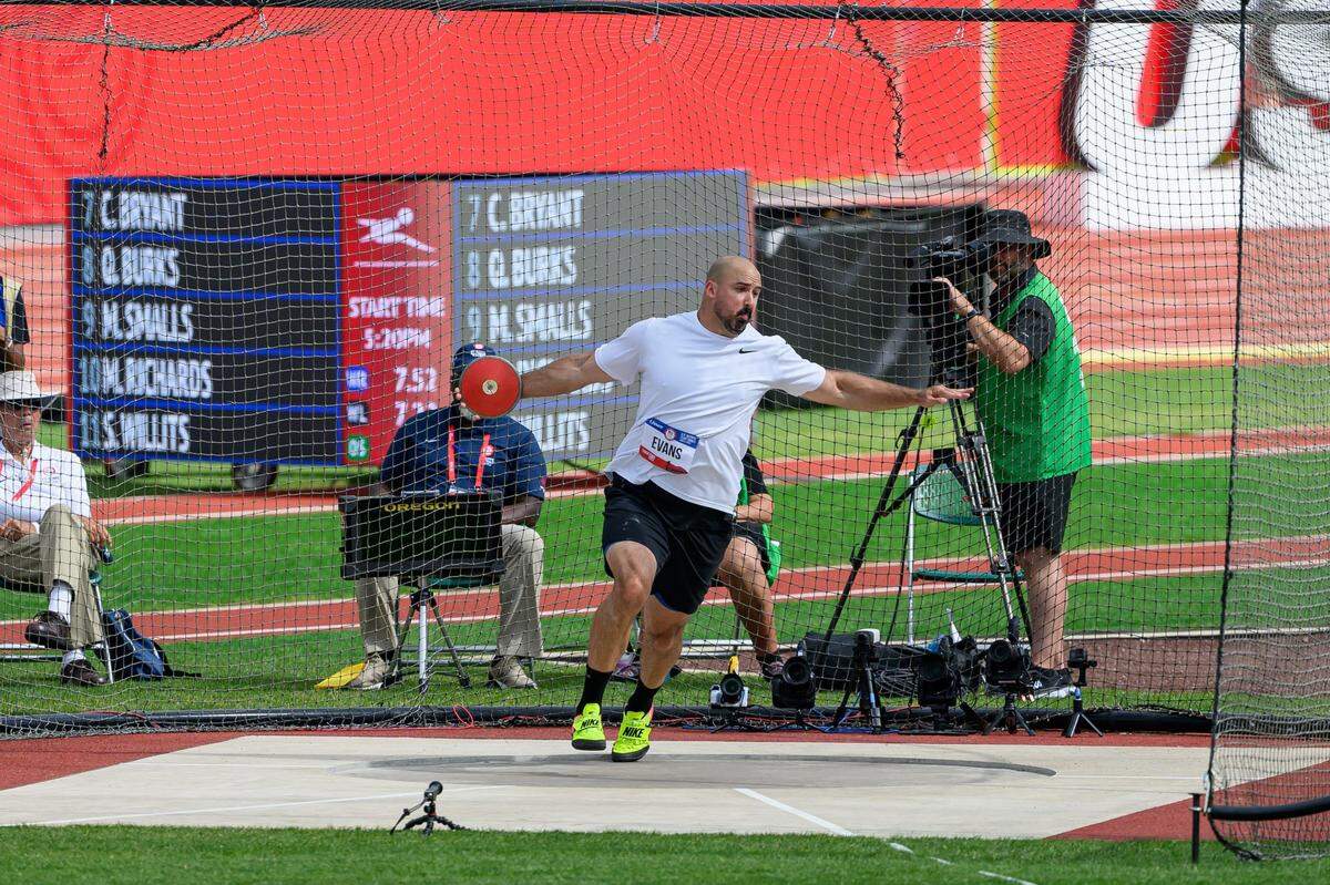 Jun 29, 2024; Eugene, OR, USA; Andrew Evans wins the men's shot put with a distance of 66.61 meters during the US Olympic Track and Field Team Trials. Mandatory Credit: Craig Strobeck-USA TODAY Sports