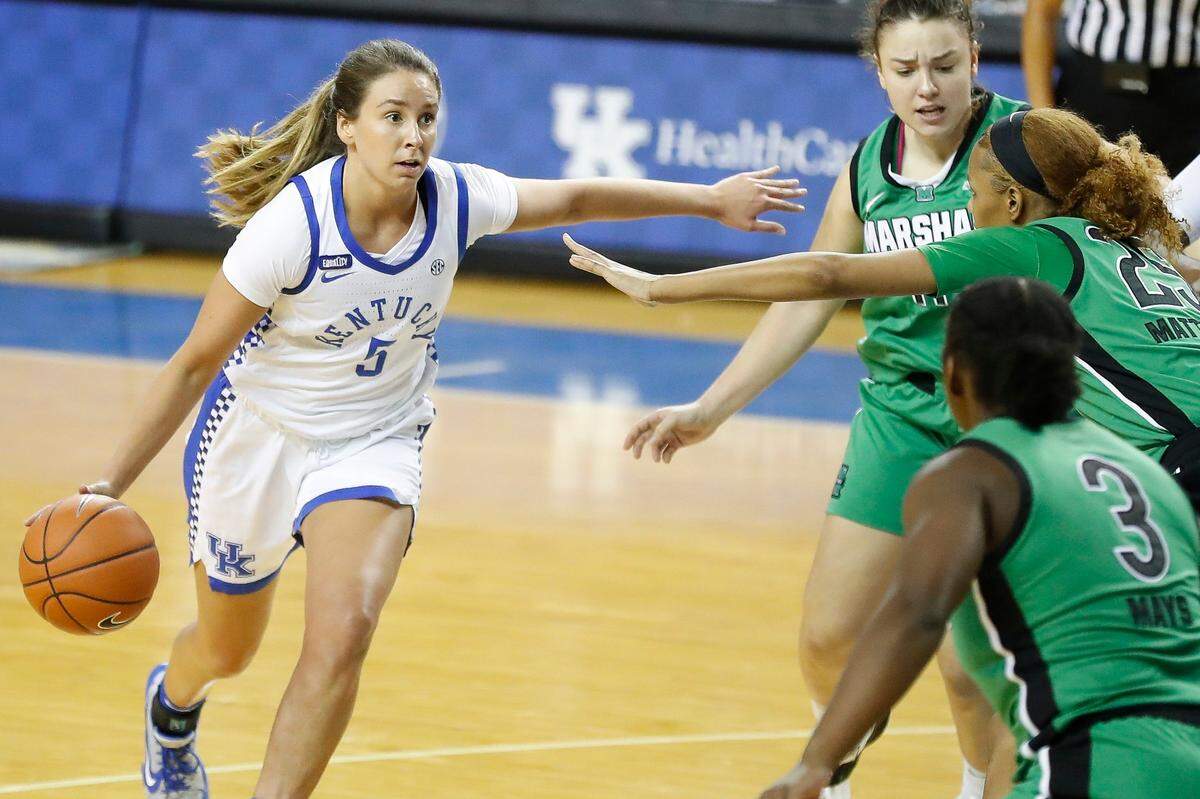 Former Harlan County standout Blair Green (5) is a key reserve for Kentucky after starting the first 18 games of the season.