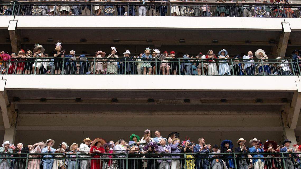 Attendees look out over the racetrack as they wait for the start of the 148th running of the Kentucky Derby at Churchill Downs in Louisville, Ky., Saturday, May 7, 2022. Here’s what you can bring inside the venue for Saturday’s event, plus road closures around the city. (Grace Ramey/photo@bgdailynews.com)