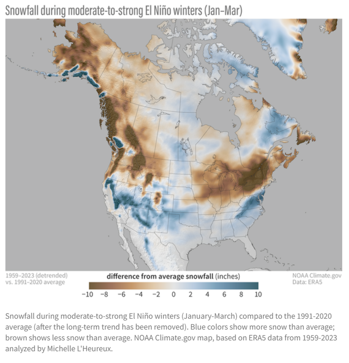 A screen capture of a NOAA heat map depicting snowfall during moderate-to-strong El Niño winters, between 1959 to 2023.