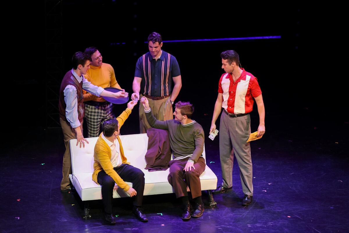 Cast members of “Jersey Boys” rehearse their scene on Monday, July 29, 2024, at Lexington Opera House in Lexington, Kentucky. 