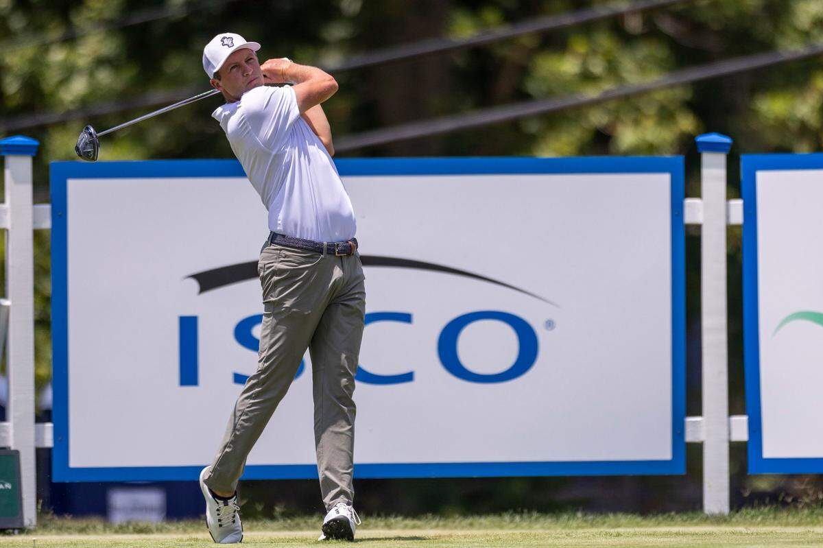 Cooper Musselman hits a tee shot at the 4th hole during the third round of the 2024 ISCO Championship. Musselman went to Saint Xavier High School in Louisville and played college golf at UK.