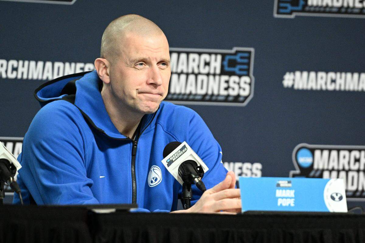 Mar 20, 2024; Omaha, NE, USA;  Brigham Young Cougars head coach Mark Pope talks with the media during the NCAA first round practice session at CHI Health Center Omaha. Mandatory Credit: Steven Branscombe-USA TODAY Sports
