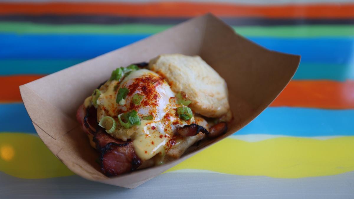 Southern Eggs Benedict served at the new DV8 Kitchen on the corner of East Third and Midland.