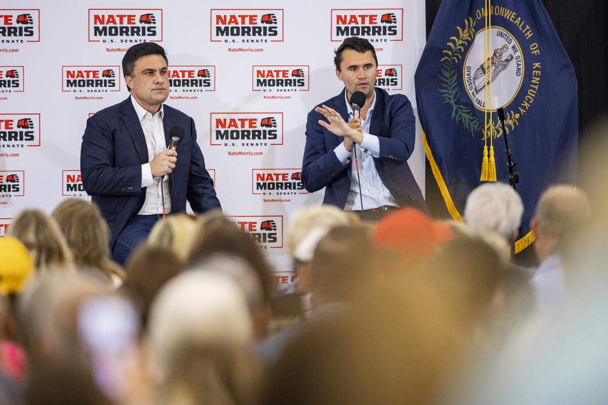 The late Charlie Kirk, right, speaks during the Nate Morris campaign launch event June 30, 2025, at Paroquet Springs Conference Centre in Shepherdsville, Ky.