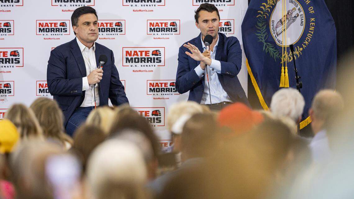 Charlie Kirk, right, speaking during the Nate Morris campaign launch event on Monday, June 30, 2025, at Paroquet Springs Conference Centre in Shepherdsville, Ky.