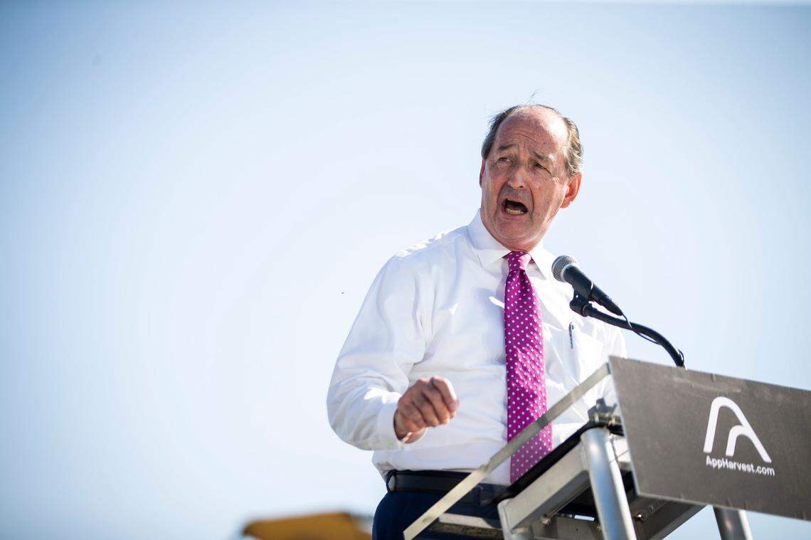 Senior Advisor to Gov. Andy Beshear, Rocky Adkins, speaks during a press conference and opening of the first AppHarvest greenhouse facility in Morehead, Ky., Wednesday, October 21, 2020.