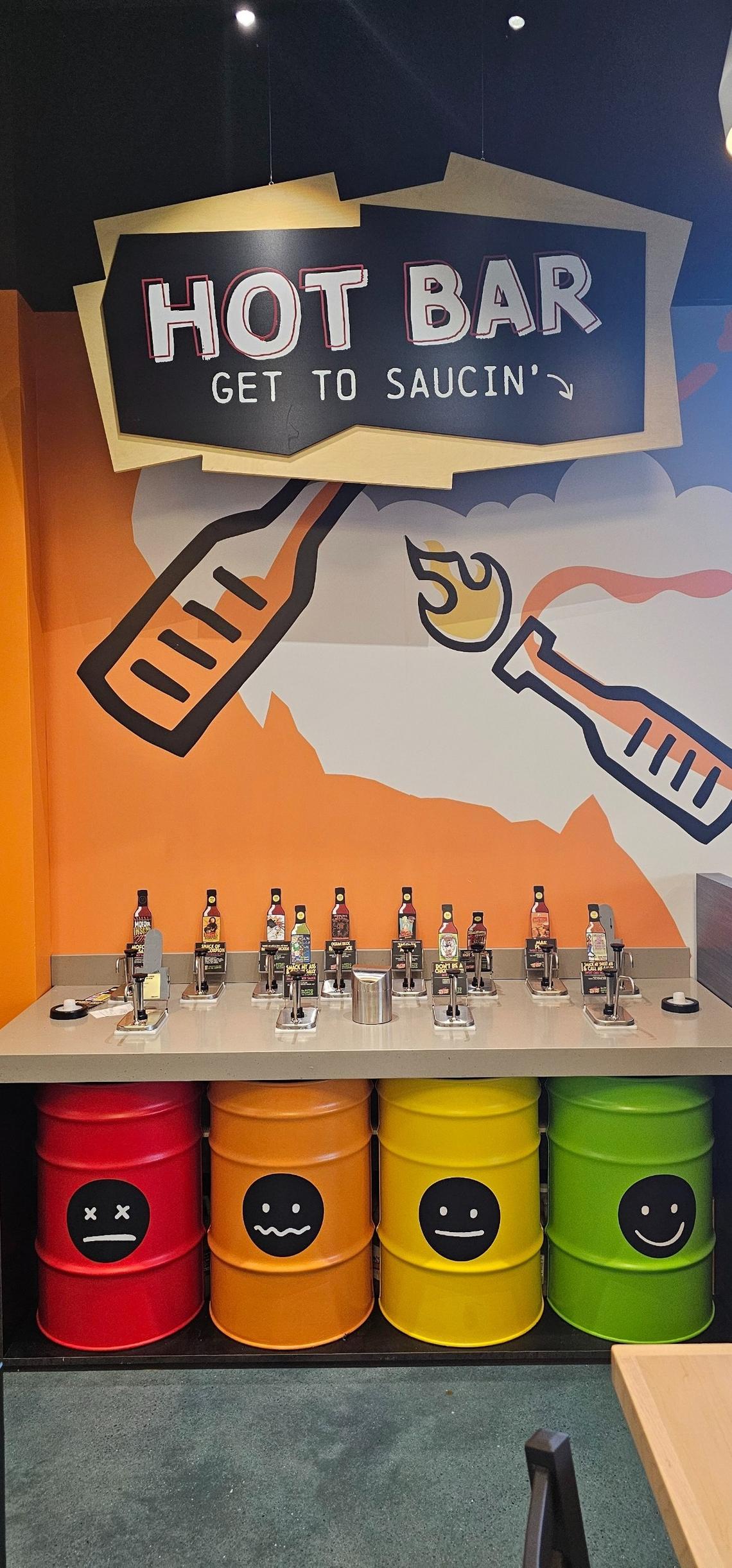Tijuana Flats features a Hot Bar of hot sauces ranging from sweet to ultra spicy.