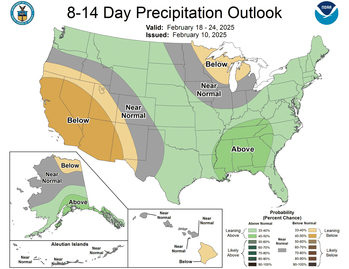An outlook from the national Climate Prediction Center shows precipitation probabilities for the U.S. between Feb. 18-24, 2025.
