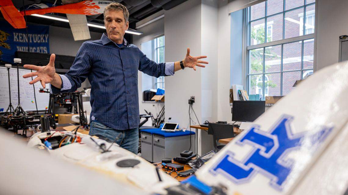 Sean Bailey, UK mechanical and aerospace engineering professor, explains what technology drones use on Monday, July 14, 2025, at the University of Kentucky campus in Lexington, Ky.