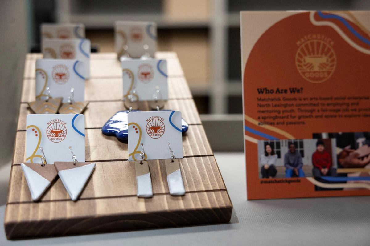 Ceramic products made by student workers at Matchstick Goods, a subsidiary of Common Good Community Development Corp., on display in the workshop at Embrace Church in Lexington, Ky, Thursday, November 30, 2023.