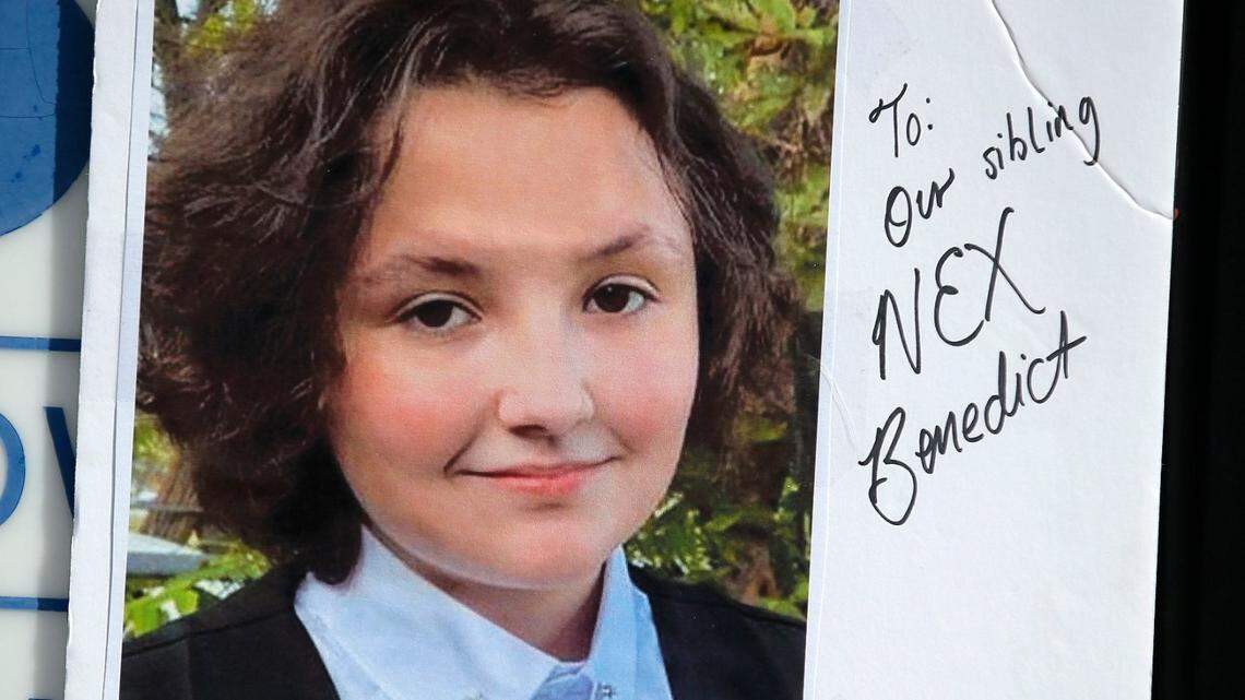 A memorial for Nex Benedict is pictured at Owasso High School in Owasso, Okla., Monday, Feb. 26, 2024. Students and community members gathers for peaceful demonstration in honor of Nex Benedict, calling on school and state officials to better protect LGBTQ+ students.