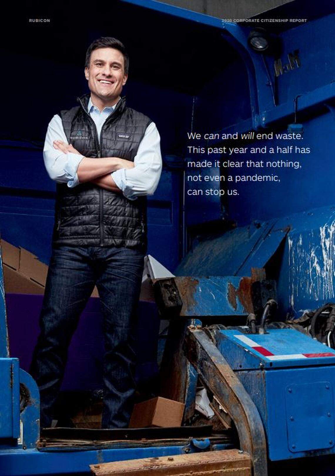 Rubicon CEO Nate Morris stood in the rear of a garbage truck in a photo for the company’s 2020 financial report.