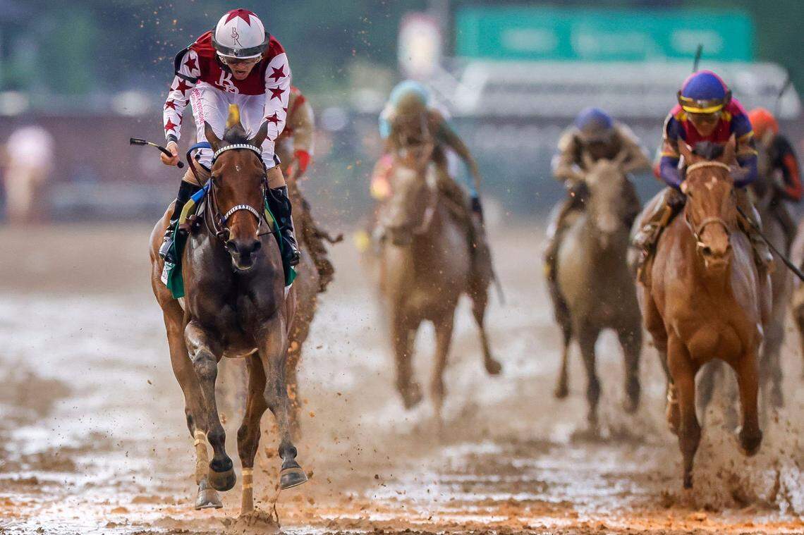 Thorpedo Anna, ridden by Brian Hernandez Jr. (5), won the 150th running of the Kentucky Oaks at Churchill Downs on May 3, 2024. Thorpedo Anna went on to win the Breeders’ Cup Distaff and was voted the 2024 Eclipse Award for Horse of the Year.