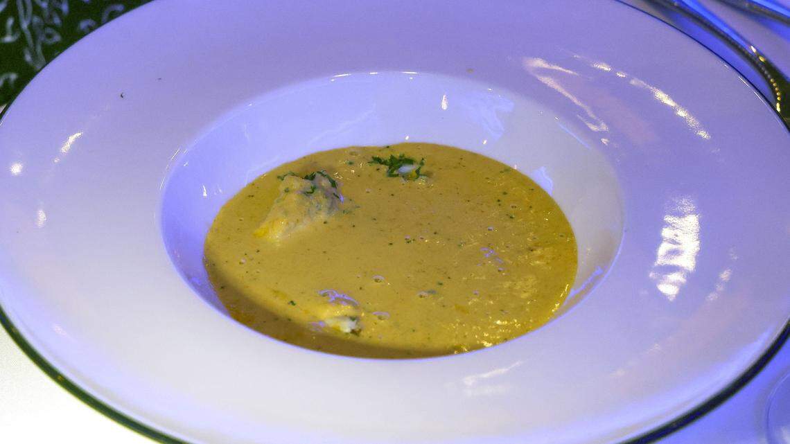 The she-crab soup ($21) from The V, the public restaurant at The Vine, a new downtown Lexington development, photographed Friday, Sept. 5, 2025. The bisque is poured tableside over blue crab meat.