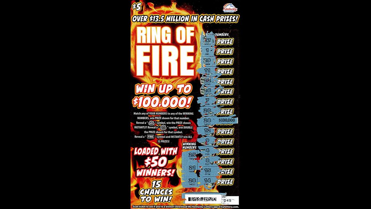 Carter's winning ticket for the Kentucky Lottery' Ring of Fire scratch-off game.