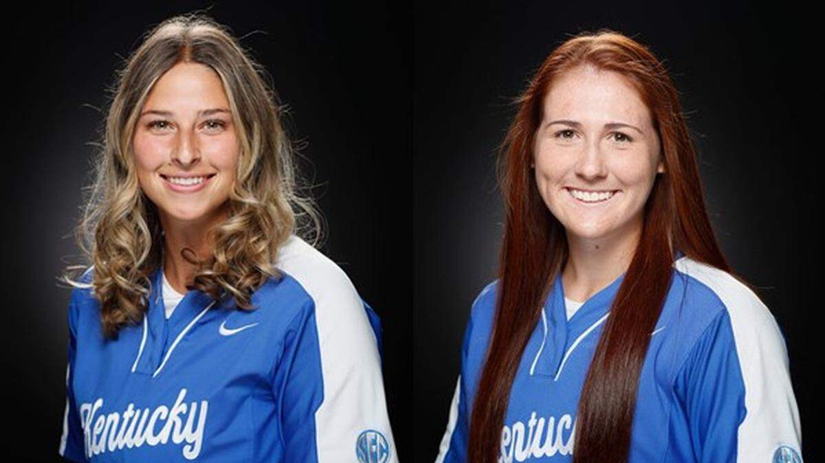 Miranda Stoddard, left, pitched a complete game five-hitter in Kentucky’s season-opening victory. Renee Abernathy, right, drove in two runs for the Wildcats.
