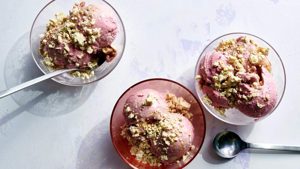 Strawberry and sesame swirl soft serve. Ready in minutes, this quick dessert is the perfect thing to satisfy your summer cravings. Food styled by Barrett Washburne.