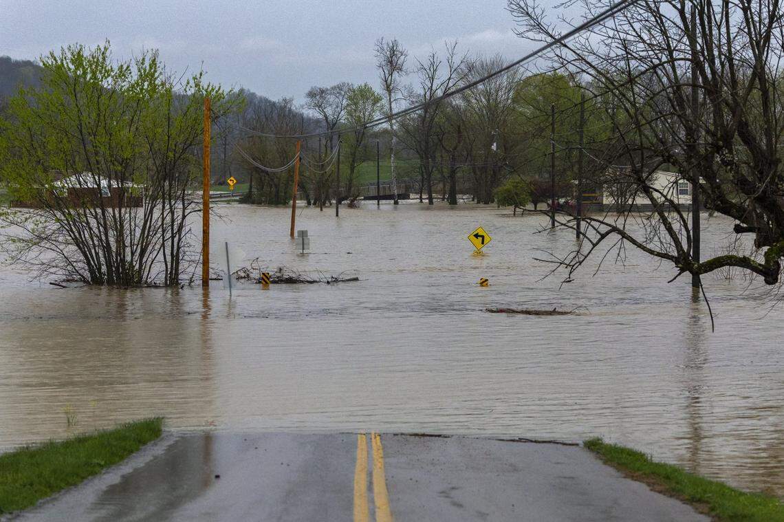 High water floods Middleburg Road in Casey County, Ky., on Friday, April 4, 2025.