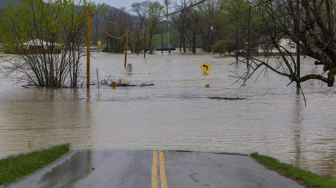 High water floods Middleburg Road in Casey County, Ky., on Friday, April 4, 2025.