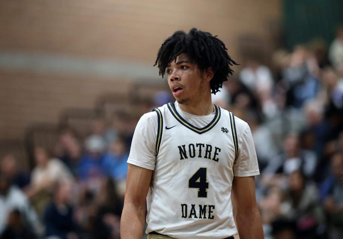 Jan 4, 2025; Gilbert, AZ, USA; Notre Dame High School (CA) forward Tyran Stokes (4) against Sandra Day O'Connor (AZ) during the Hoophall West High School Invitational at Highland High School. Mandatory Credit: Mark J. Rebilas-Imagn Images