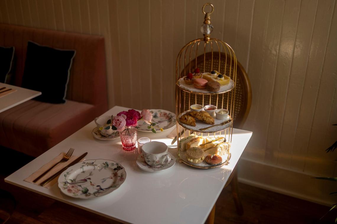 Lexington Tea and Brie serves afternoon tea with savory sandwiches, scones and sweets such as macarons.