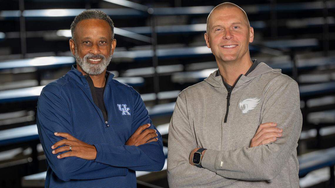 For only the second time in the modern era, Kentucky will break in a new women’s basketball coach, Kenny Brooks, left, and a new men’s hoops head man, Mark Pope, right, in the same season.