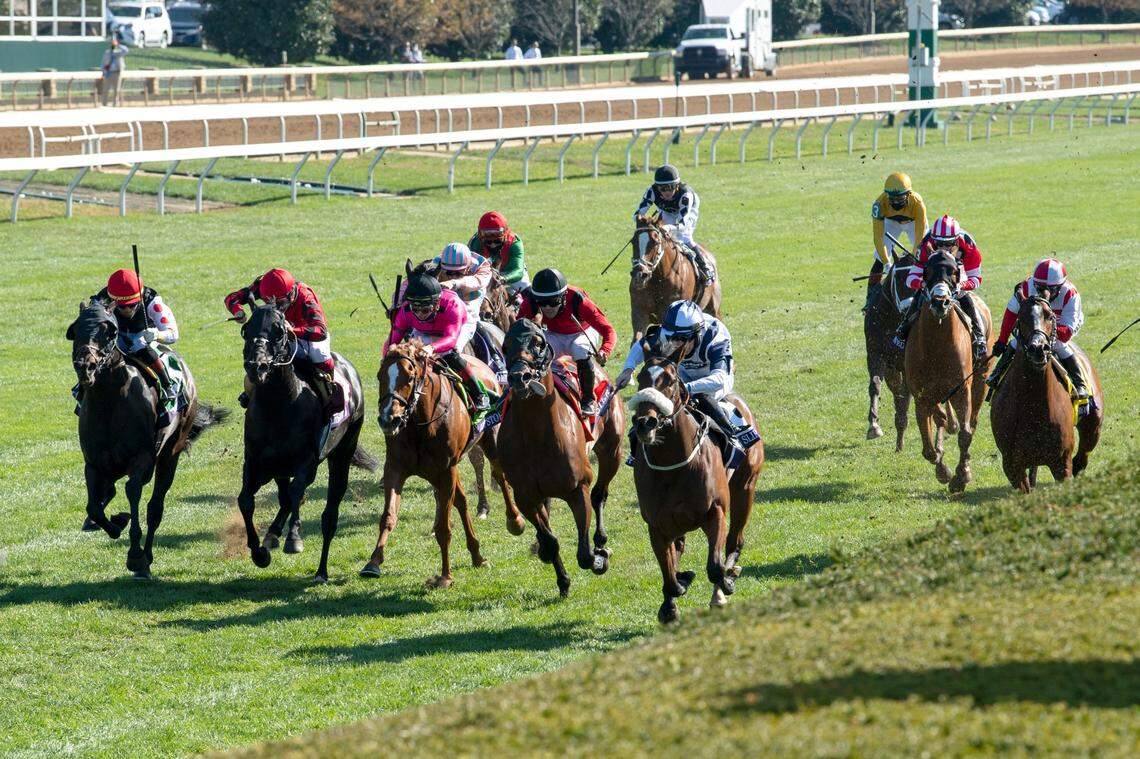 Glass Slippers, inside and in the lead with Tom Eaves aboard, won the Breeders’ Cup Turf Sprint at Keeneland. It was her North American debut.