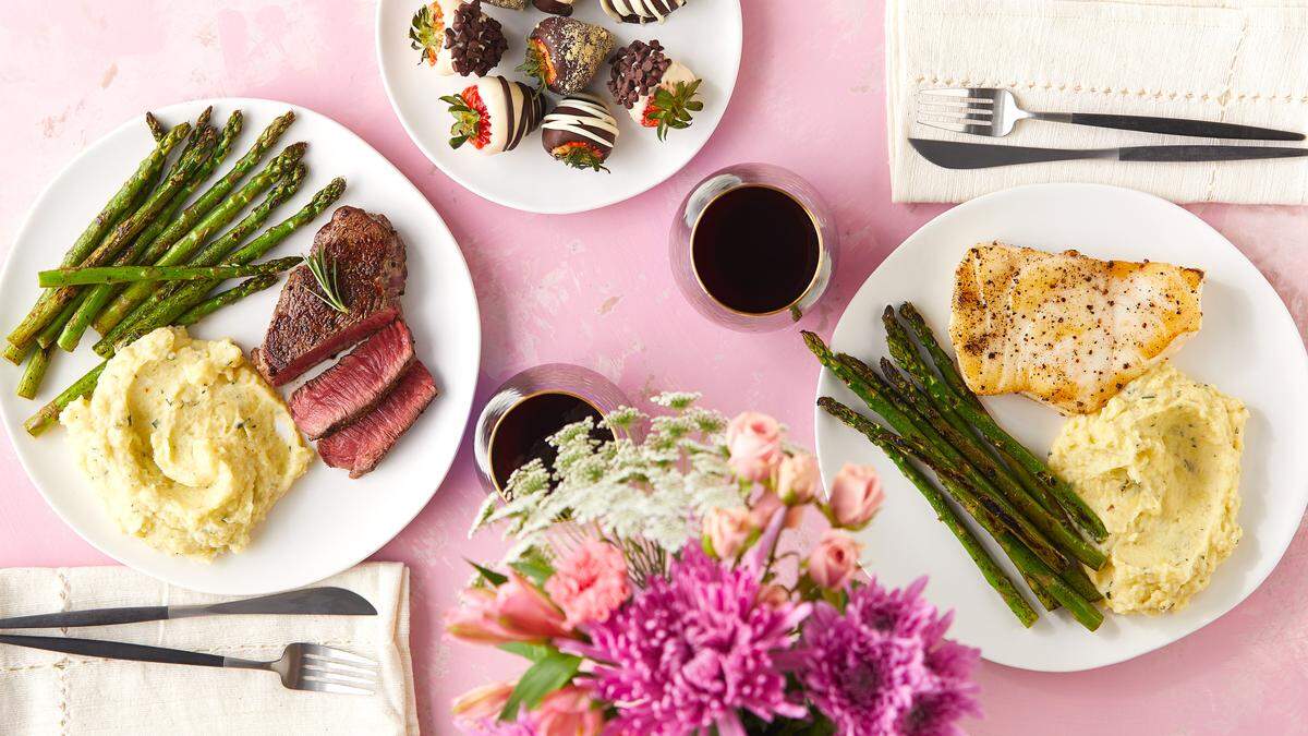 Fresh Market’s Surf & Turf dinner serves two for about $50 and includes file mignon or Chilean sea bass, mascarpone whipped potatoes, asparagus tips, chocolate dipped strawberries and flowers. Order online.