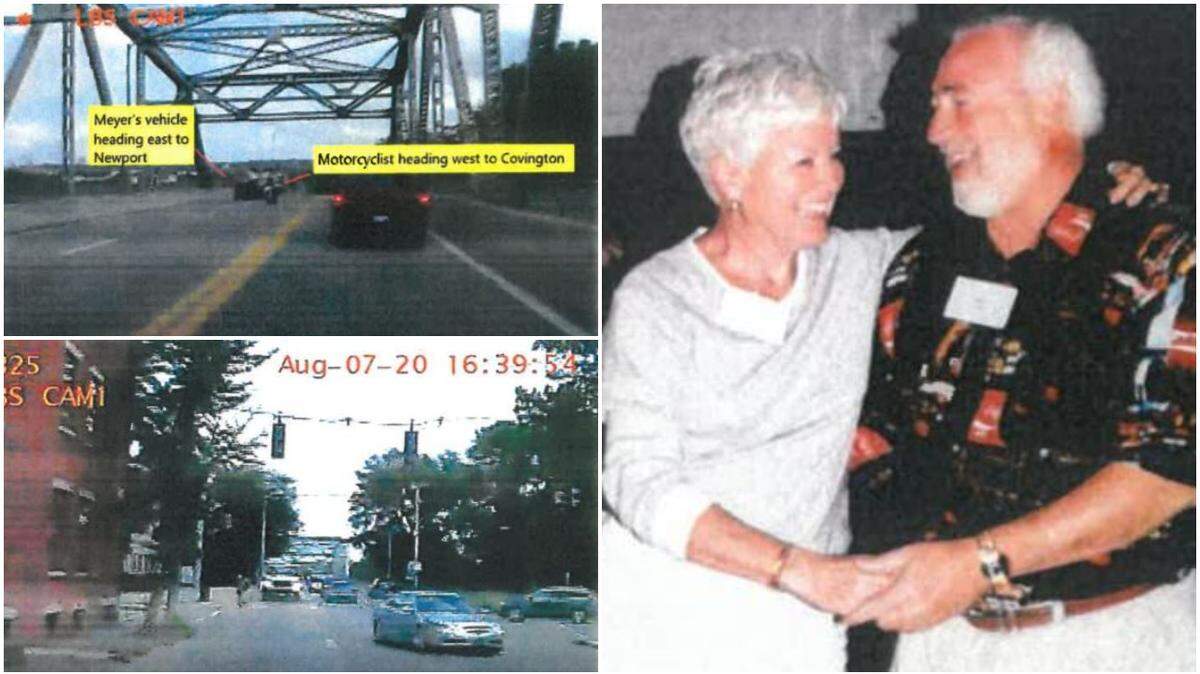 Photos from police cameras (left) showed officers and suspect Mason Meyer drove into oncoming traffic during a police chase on Aug. 7, 2020. Raymond and Gayle Laible (right) were killed when Meyer crashed at the end of the chase.