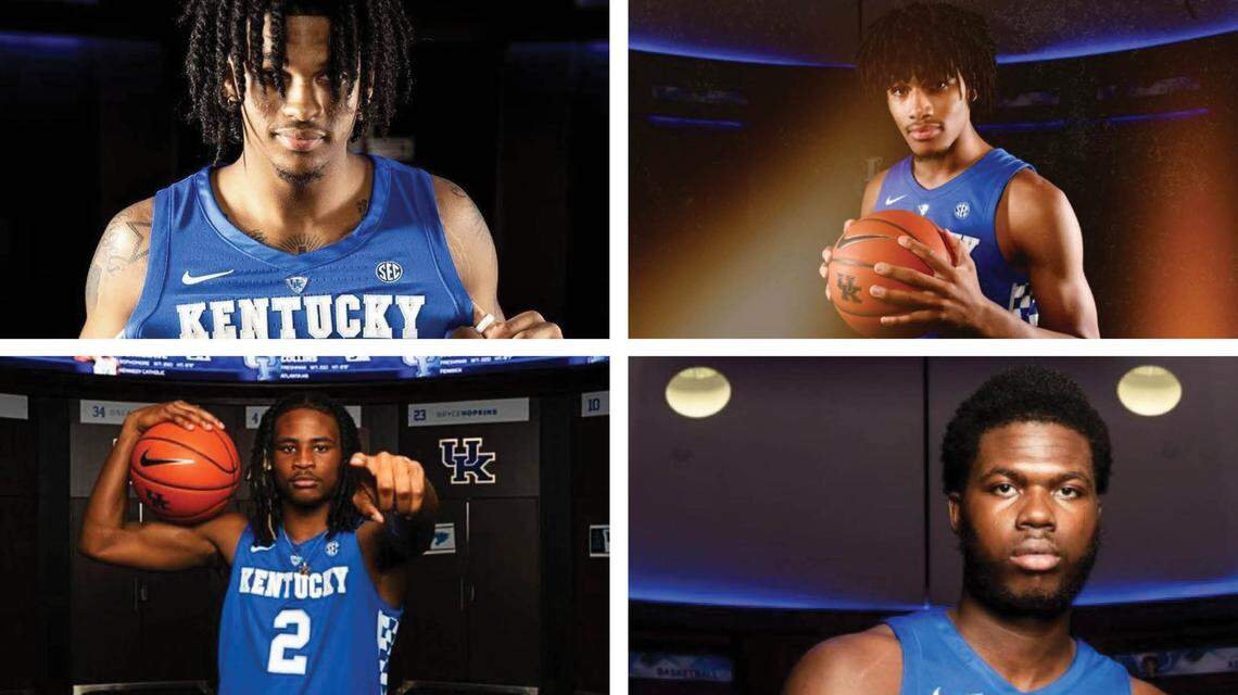 Clockwise from top left: basketball recruits Skyy Clark, Shaedon Sharpe, Chris Livingston and Cason Wallace have all officially signed with the Kentucky Wildcats.