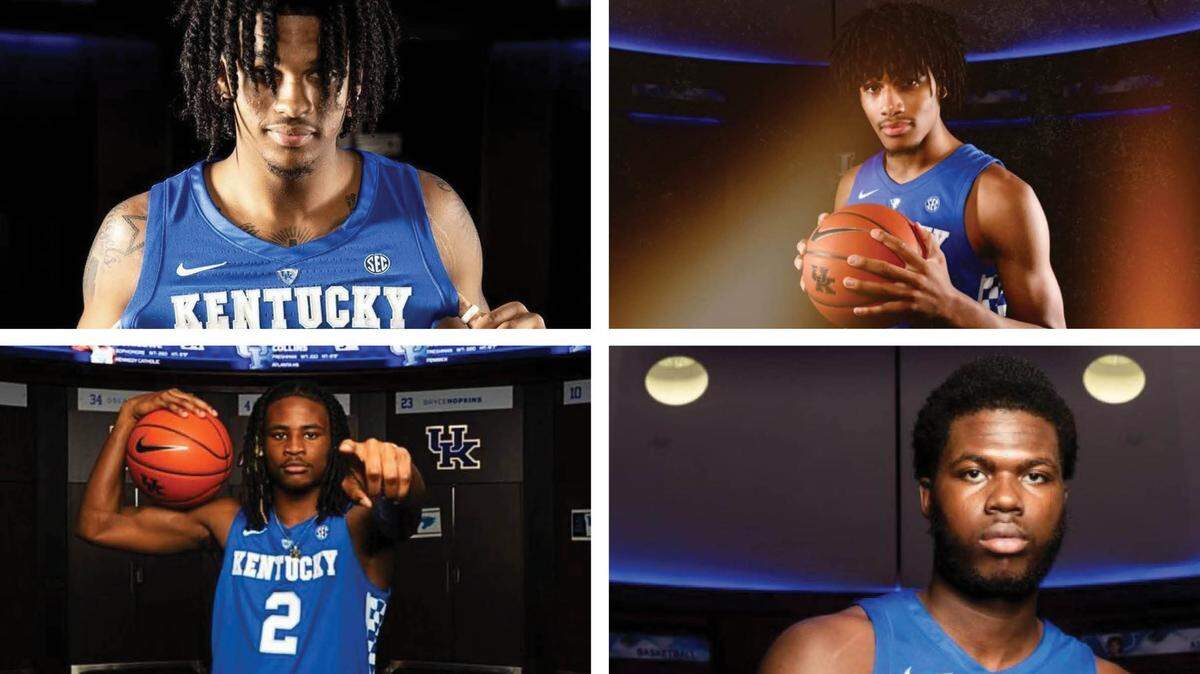 Clockwise from top left: basketball recruits Skyy Clark, Shaedon Sharpe, Chris Livingston and Cason Wallace have all officially signed with the Kentucky Wildcats.