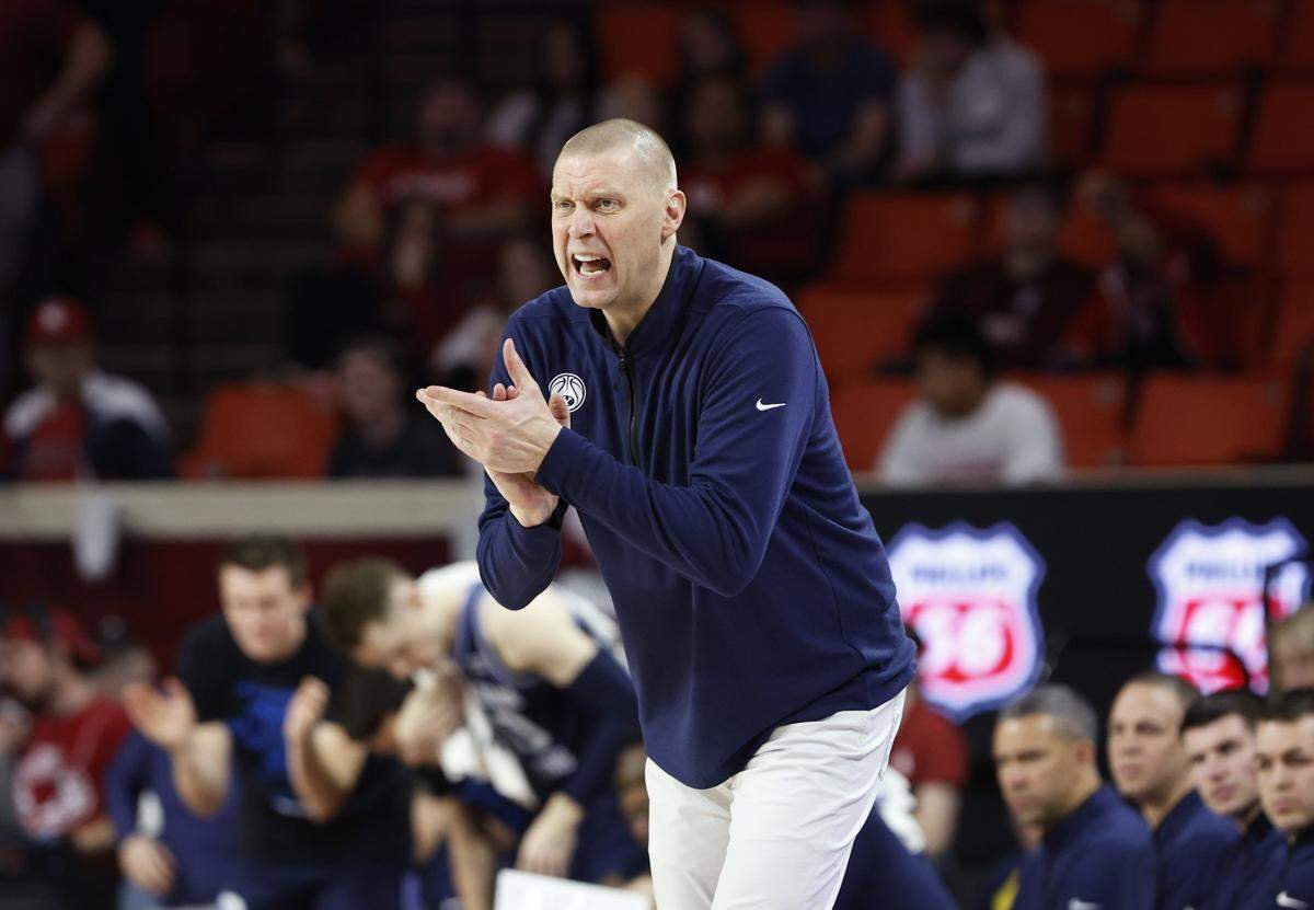 Feb 6, 2024; Norman, Oklahoma, USA; Brigham Young Cougars head coach Mark Pope watches his team play against the Oklahoma Sooners during the second half at Lloyd Noble Center. Mandatory Credit: Alonzo Adams-USA TODAY Sports
