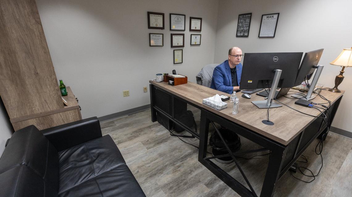 Mental health counselor William Mynk within his office in Kentucky State University’s Counseling Center at the Carl M. Hill Student Center, July 3, 2024.